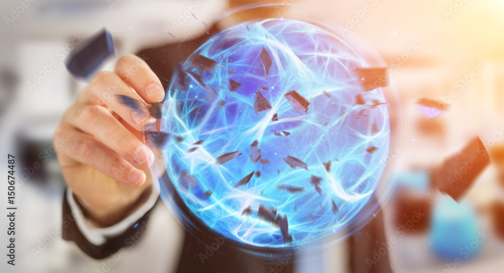 Businessman creating a power ball with his hand 3D rendering Businessman creating a power ball with his hand 3D rendering