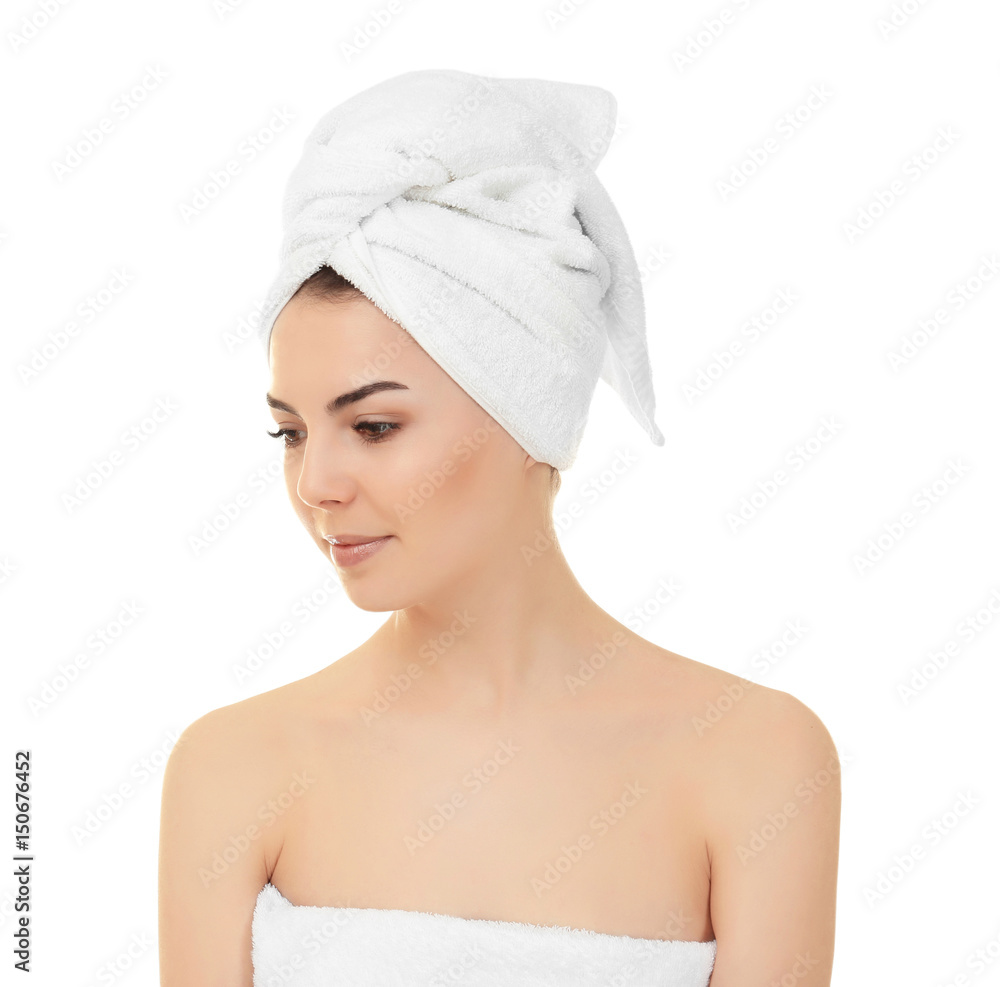 Beautiful young woman after shower on white background Beautiful young woman after shower on white background