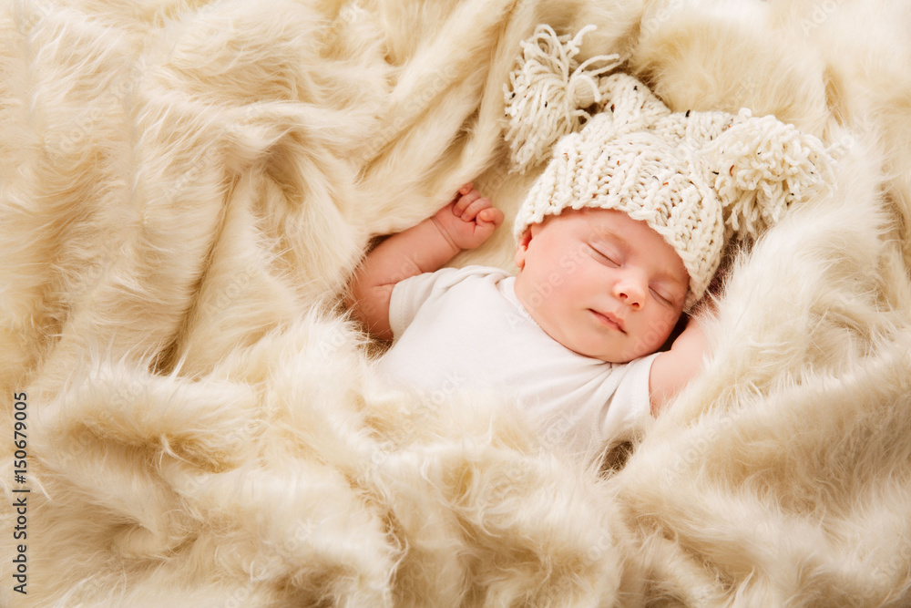 Newborn Baby Sleep in Hat, Sleeping New Born Kid, Asleep Happy Child in Woolen Bed Newborn Baby Sleep in Hat, Sleeping New Born Kid, Asleep Happy Child in Woolen Bed