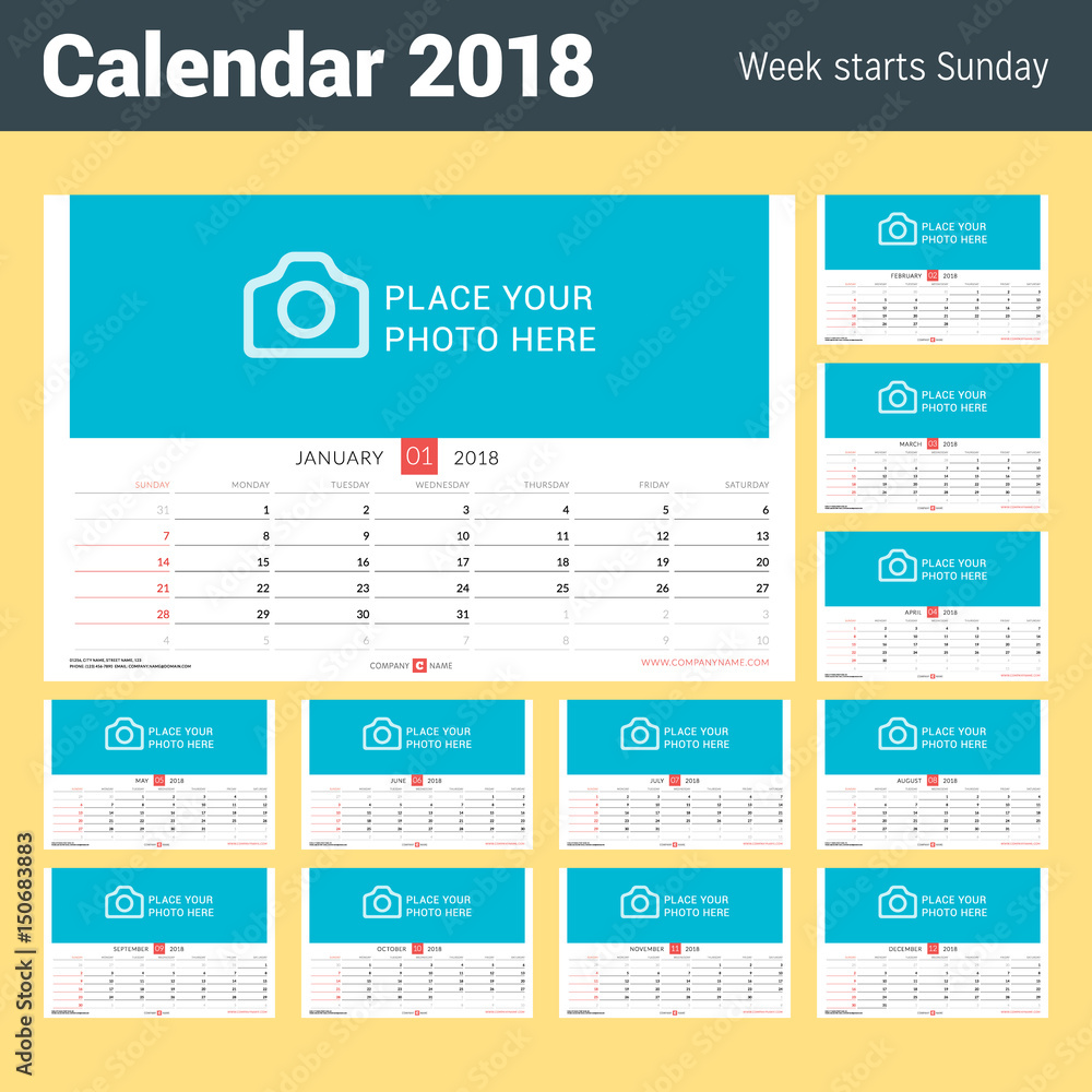 Wall Monthly Calendar for 2018 Year. Set of 12 Months. Vector Design Print Template with Place for Photo. Week Starts on Sunday. Landscape Orientation Wall Monthly Calendar for 2018 Year. Set of 12 Months. Vector Design Print Template with Place for Photo. Week Starts on Sunday. Landscape Orientation