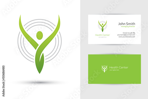 Abstract human logo and business card design template in green color