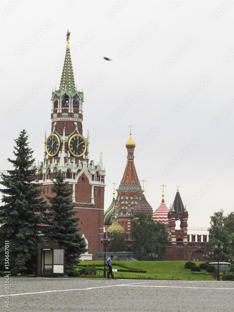 Moscow,  Russia - 11 August 2016: Spasskaya Tower of Kremlin in Red Square in Moscow Russia - spasskaja