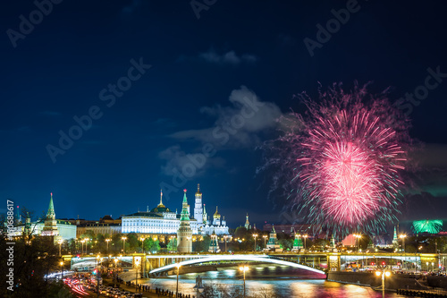 View of Kremlin with fireworks during blue hour in Moscow, Russia. 9 May Victory day celebration in Russia