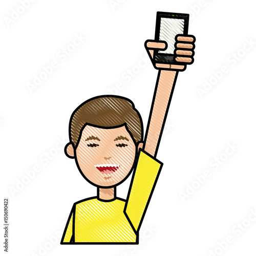 drawing boy with yellow tshirt holding smartphone in hand vector illustration