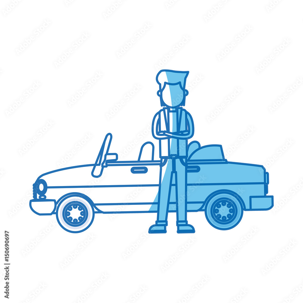 character man standing car side blue line vector illustration