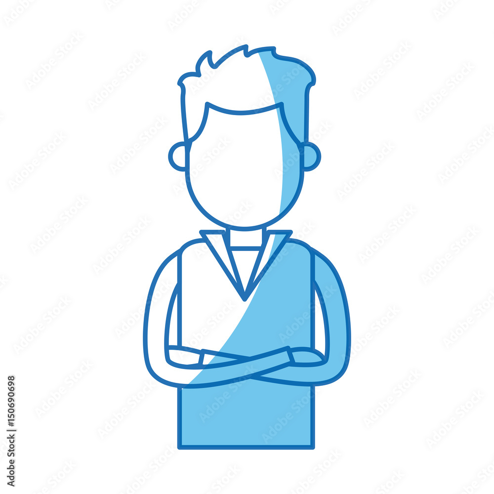 portrait young man with cross arms blue line vector illustration