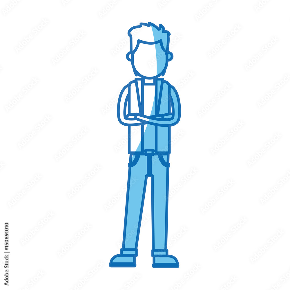 young man with cross arm wear vest blue line vector illustration