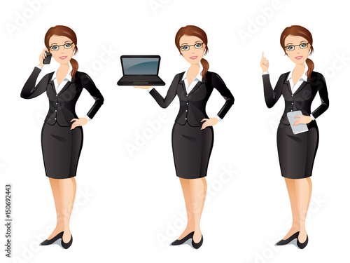 Business woman in black suit in different poses / Attractive business woman talking on the phone, holding a laptop, pointing