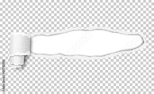 Vector snatched window in piece of transparent paper with torn edges and paper curl. White resulting window with space for text, copy or ad. Template paper design.