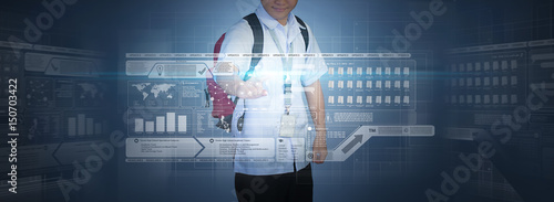 Student touching data on hologram screen 3d rendering
School boy using virtual screen photo