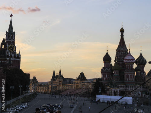 Sunset in Red Square in Moscow Russia - Saint Basil Cathedral, Gum shop Gallery, spasskaja tower
