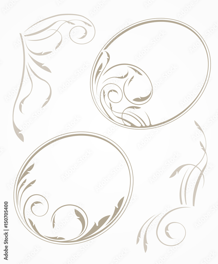 Pair of oval outline frame and decorative corner elements. Pair of oval outline frame and decorative corner elements.