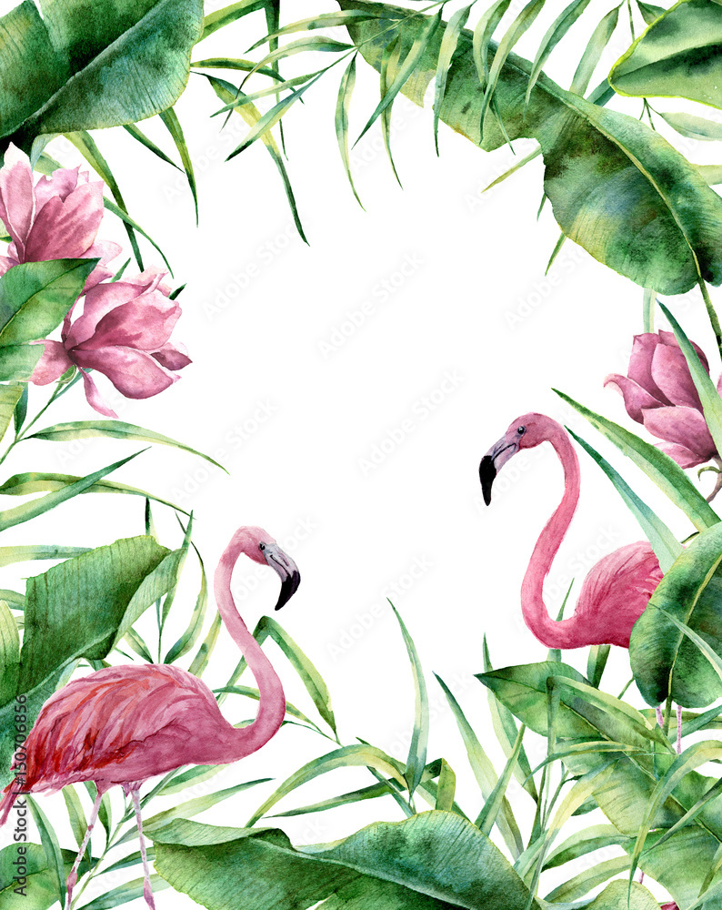 Naklejka premium Akwarela tropikalna rama. Ręcznie malowane egzotyczne kwiatowy granicy z liści drzewa palmowego, banan oddział, kwiaty magnolii i Czerwonak na białym tle. Do ślubu i okolicznościowego projektowania lub drukowania.