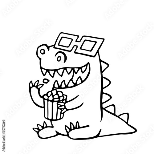Cartoon dinosaur in stereo glasses and a box of popcorn. Vector illustration.