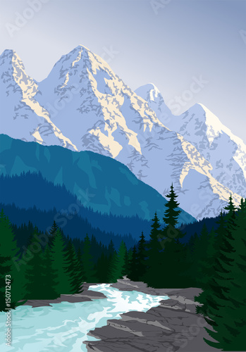 vector evening in beautiful mountains forest with river