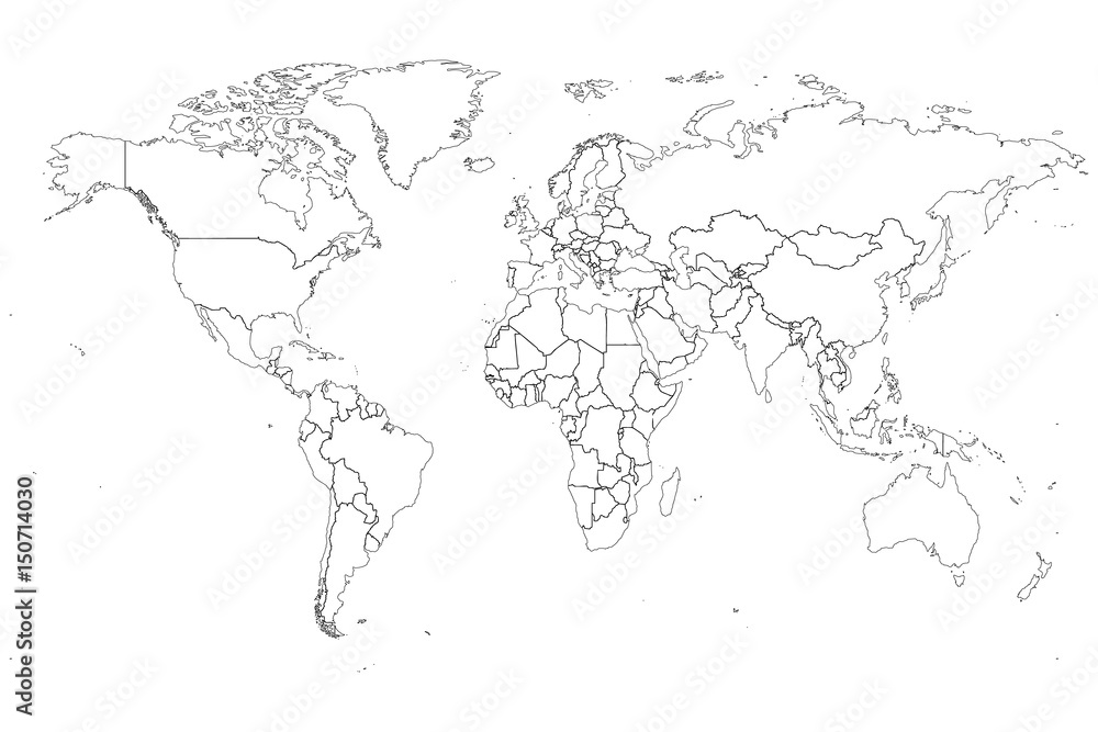 Векторная карта мира напечатана черными чернилами на белом фоне. Stock ...