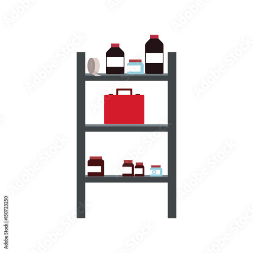 shelf bottles medicine kit first aid health care vector illustration