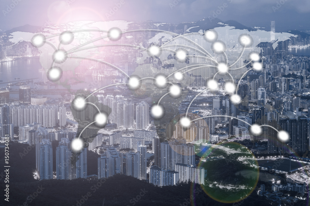 World Global Network Cartography Globalization with Hong Kong city background (Elements of this image furnished by NASA)