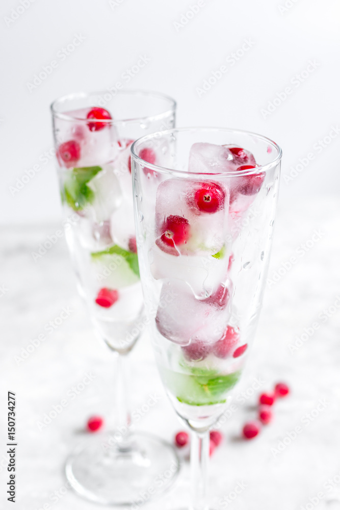 mint and red berries in ice cubes in glasses white background mint and red berries in ice cubes in glasses white background
