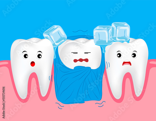 Sensitive teeth. Cute cartoon tooth character with blanket and ice.  Dental care concept.  Illustration on blue background. Great for Poster. Banner design.