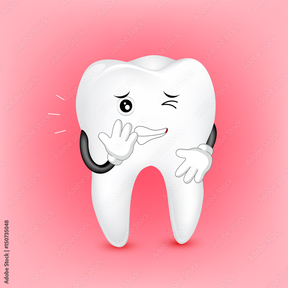 Cute cartoon tooth character with problem of teeth. Dental care concept. Illustration on red background. Great for Poster, Banner design. Cute cartoon tooth character with problem of teeth. Dental care concept. Illustration on red background. Great for Poster, Banner design.