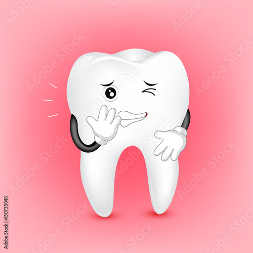 Cute cartoon tooth character with problem of teeth. Dental care concept.  Illustration on red  background. Great for Poster, Banner design.