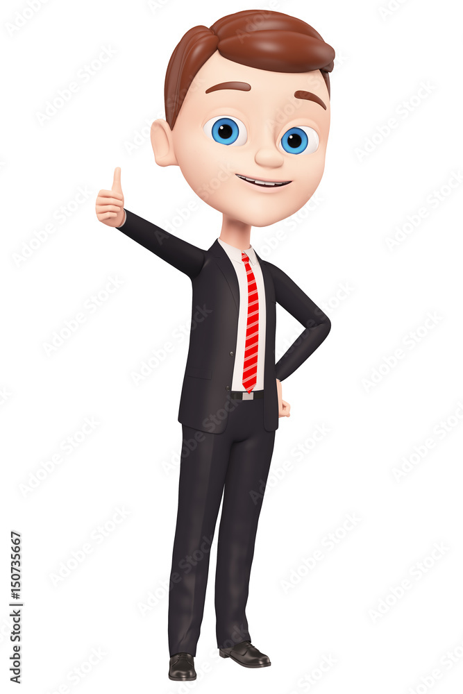 Young businessman shows  thumbs up on a white background. 3d render illustration.