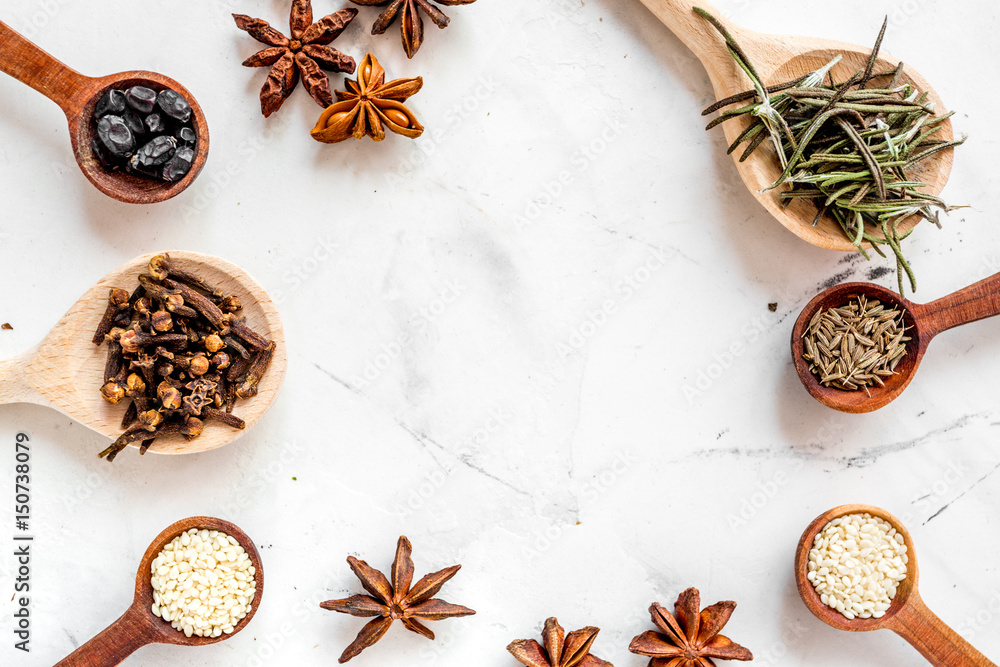 Cooking with spices,vanilla, cinnamon on kitchen table background top view mock-up Cooking with spices,vanilla, cinnamon on kitchen table background top view mock-up