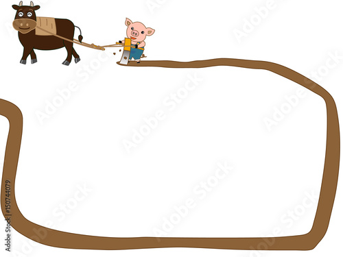 牛で耕運するタイトルフレーム