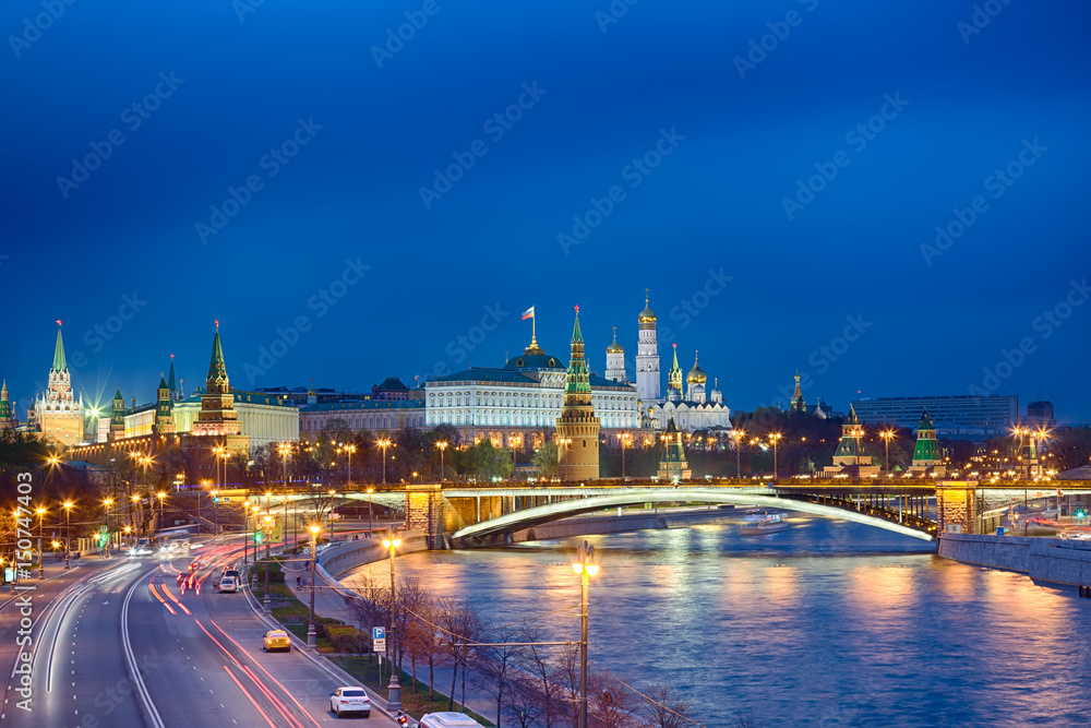 View of Kremlin during blue hour in Moscow, Russia