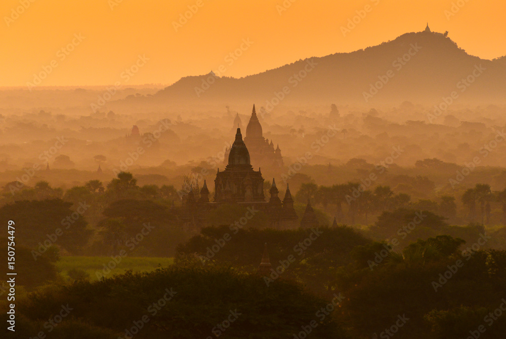 The silhouette Ancient temple on during sunset ,Bagan Mandalay Myanmar