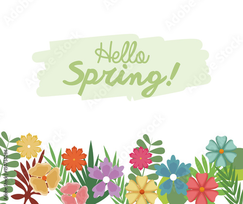 hello spring letter decoration, flower and leaves, celebration poster vector illustration