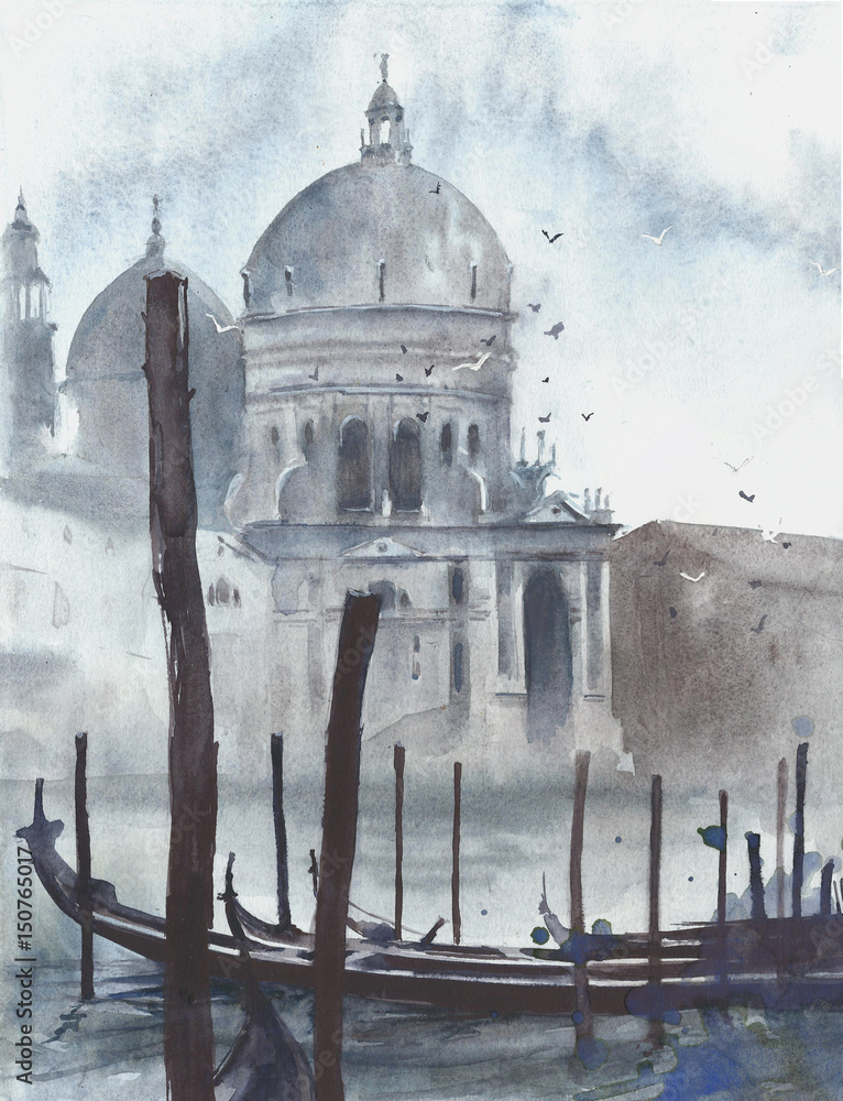Fototapeta Venice Italy travel destination landmark gondola Grand canal watercolor painting