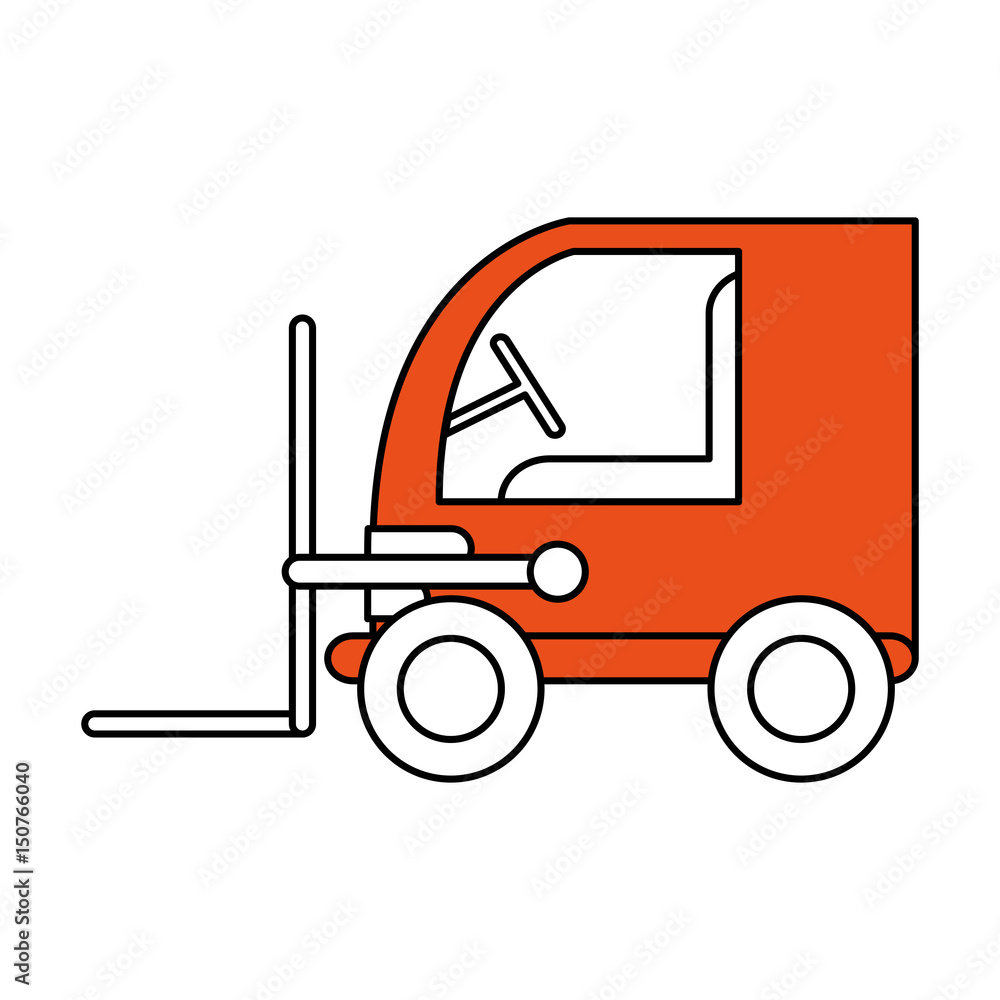 color contour cartoon orange forklift truck with forks transportin package vector illustration
