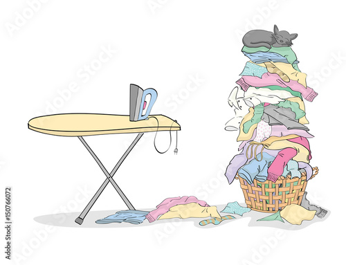 Iron and ironing board with Tall Pile of Laundry  in Basket with Cat
