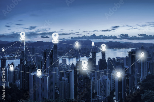 Map pin flat above city scape and network connection concept - Network business conection system on Hong Kong cityscape background.