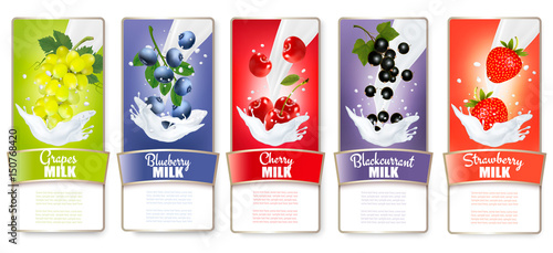 Set of three labels of of fruit in milk splashes. Strawberry, blueberry, guava, raspberry, blackberry, grapes. Vector.