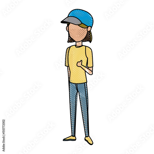 drawing girl tourist traveler with cap image vector illustration