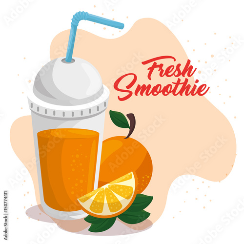 A cup of smoothie with  straw and orange slice over blue background. Vector illustration.