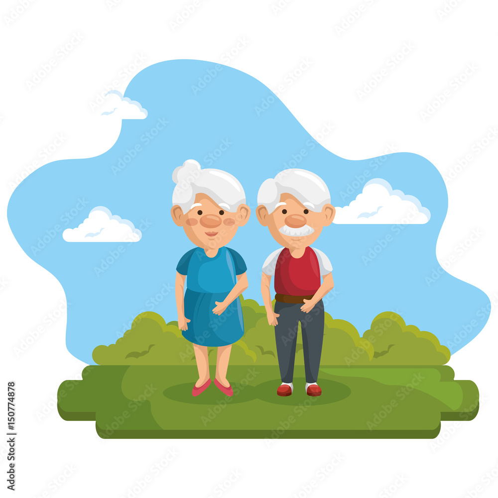 Old people at the park with green bushes and blue sky over white background. Vector illustration.