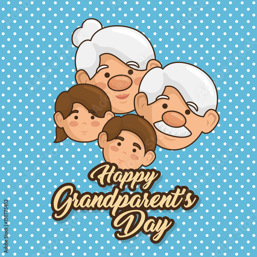 Happy grandparent day card with heart, elderly woman, man, and grandchildren over dotted blue background. Vector illustration.