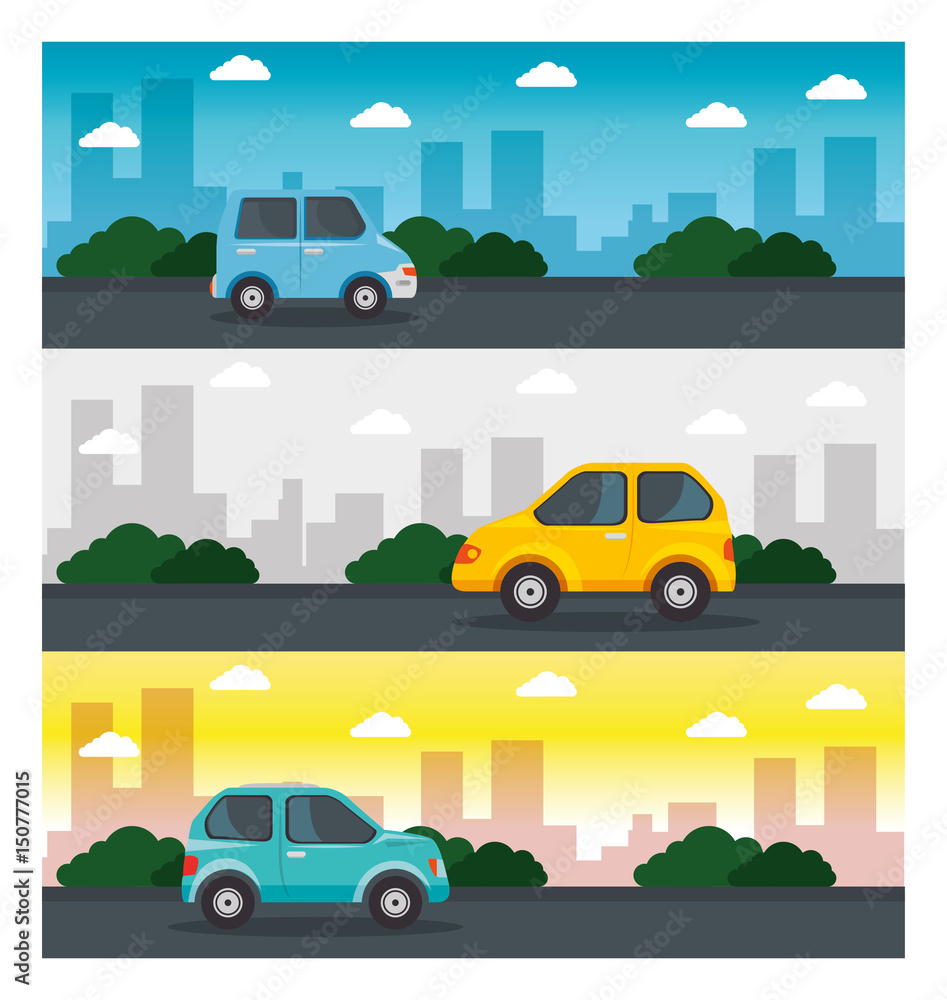 Colorful design of cars, streets, green bushes and city skyline with white frame. Vector illustration.