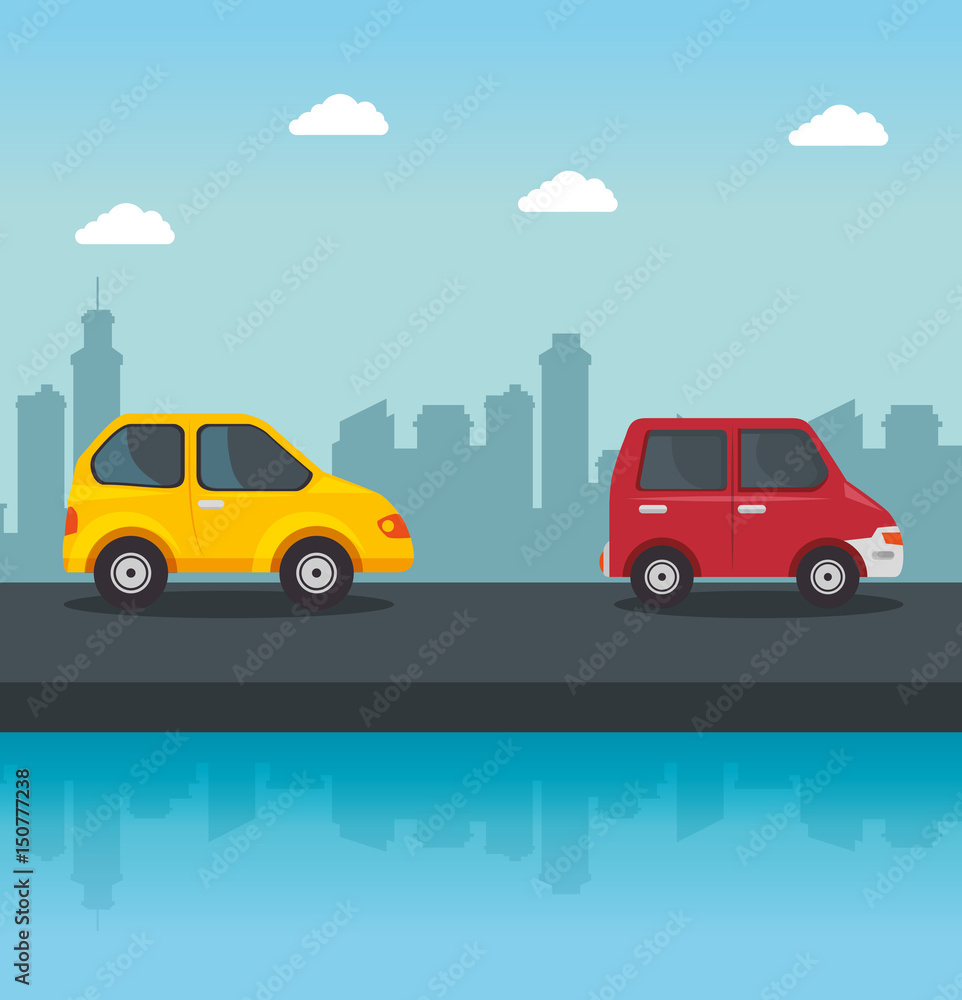 Yellow and red vehicles with street and city skyline design. Vector illustration.