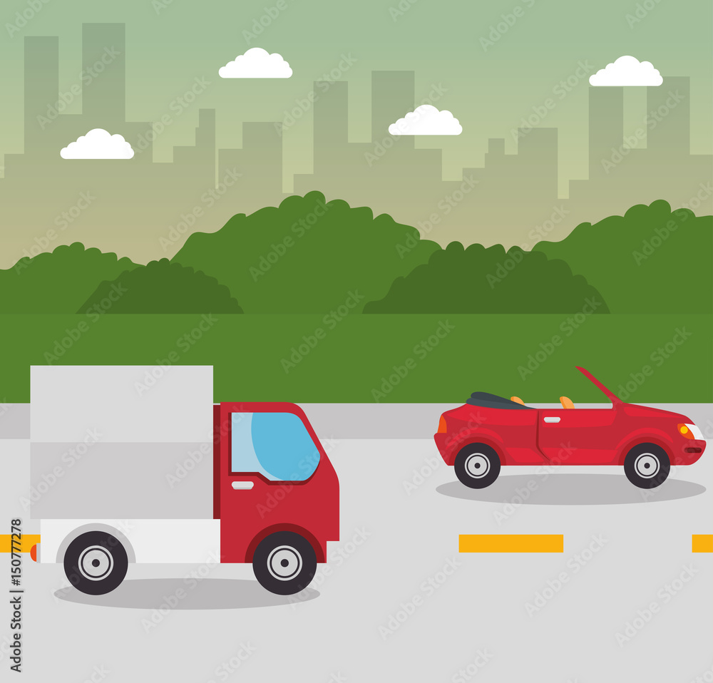 Truck, red cabriolet car, street, bushes and city skyline design. Vector illustration, Truck, red cabriolet car, street, bushes and city skyline design. Vector illustration,
