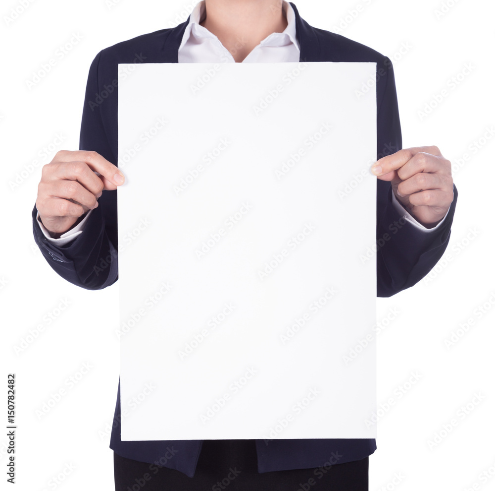 business woman holding a blank paper sheet isolated on white business woman holding a blank paper sheet isolated on white