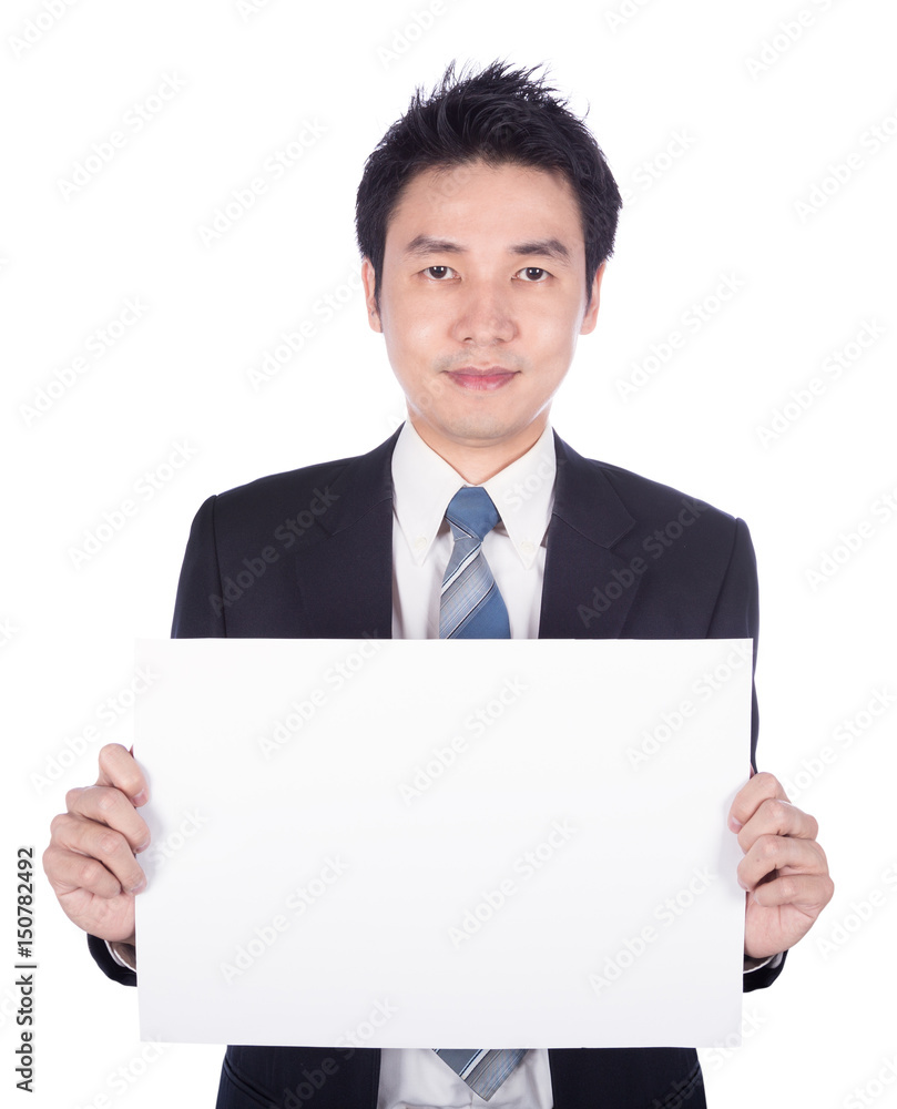 business man holding a blank paper sheet isolated on white business man holding a blank paper sheet isolated on white