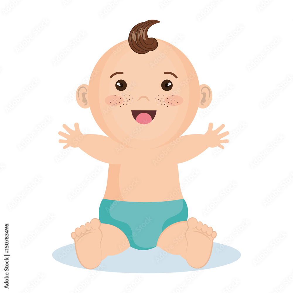 Cute happy baby boy with blue diaper over white background. Vector illustration.