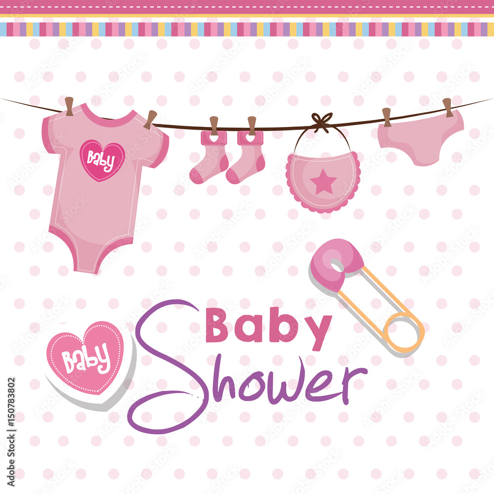Baby shower card with hanging pink baby clothing, safety pin and heart over pink dotted background. Vector illustration.