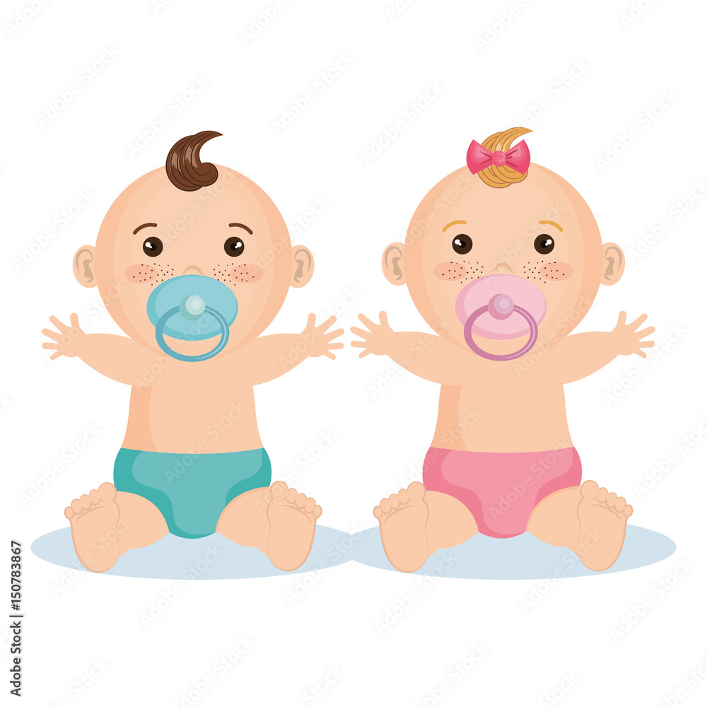 Cute baby boy and girl with pacifier over white background. Vector ...