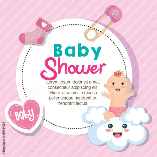 Baby shower card with baby sitting on kawaii cloud, heart, sock and safety pin over pink striped background.